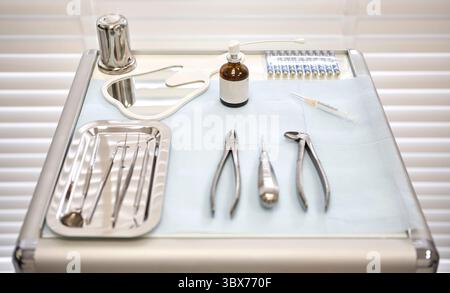 Nahaufnahme von Dentalinstrumenten aus Edelstahl, die auf einem sterilen Tablett angeordnet sind. Zu den Werkzeugen gehören Sonden, Pinzetten und Aufzüge, die üblicherweise für o verwendet werden Stockfoto