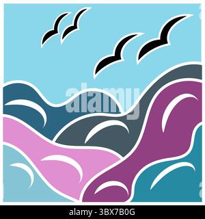 Fliegende Vögel abstrakt. Meereswellenmuster. Malerischer Blick auf das Meer. Vektorgrafik. Stock Vektor