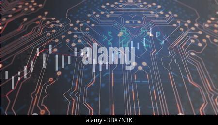 Anzeigen von Schaltkurven in der Datenvisualisierung, mit Balkendiagramm, leuchtenden Knoten und rotem Liniendiagramm Stockfoto