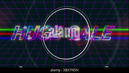 Mit glitzerndem Neontext, der RIESIGE VERKAUF auf violetter Rasterebene mit RGB-Streifen und gestrichelten Kreisen liest Stockfoto