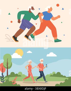 Seniorenpaar Joggen und Gehen im Freien Vektor-Illustration Stock Vektor
