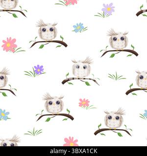 Nahtloses Muster mit niedlichen beigen Eulen an Zweigen und bunten Blumen Stock Vektor