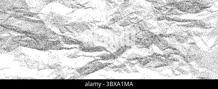 Schwarze, zerknitterte Papierstruktur. Rauer, gepunkteter, faltiger Hintergrund. Hintergrund des Konzepts für gezerknittertes Papier. Hintergrundbild für Notizbuchseite mit rauschenden, genarbten Punkten. Veraltete, beschädigte, griffige Überlagerung. Vektor Stock Vektor