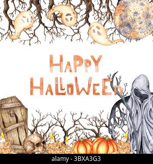 Sensenmann, Geister, trockene Zweige, Mond, Knochen, Sarg, Kürbisse und Kerzen Aquarellillustration. Handgezeichnet für Halloween mit Platz für Text. Ist Stockfoto