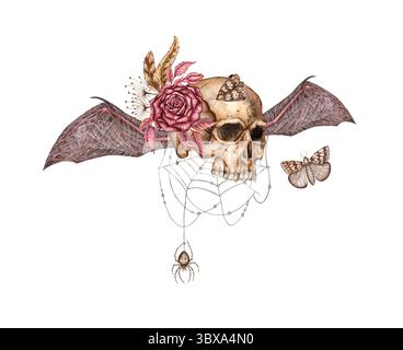 Menschlicher Schädel realistisches Profil mit Fledermausflügeln Rose, Spinnennetz und Motten Aquarellillustration. Knochen im gotischen Stil. Tag des Todes, Halloween, Dia de Stockfoto