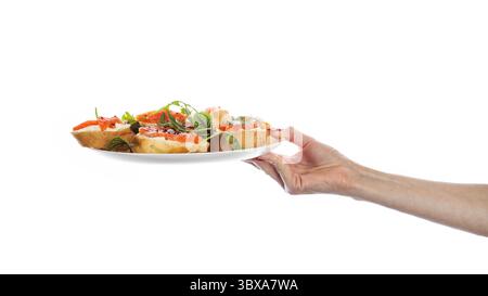 Sandwiches mit rotem Fisch und Grün auf weißem Hintergrund. Lachs-Sandwiches. Stockfoto