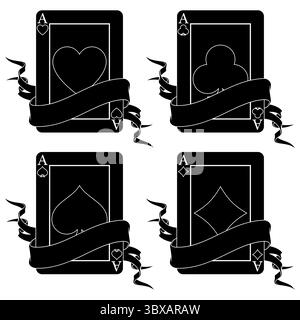 Pokerkarte, umgeben von einem Band, Poker-Symbole von Herz, Diamant, Club und Ass Stock Vektor