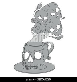 Porzellan-Teetasse in Form eines menschlichen Schädels, Kaffeetasse in Form eines Schädels und seiner Untertasse, dämonische Tasse mit giftigem Todesrauch Stock Vektor