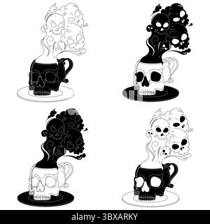 Porzellan-Teetasse in Form eines menschlichen Schädels, Kaffeetasse in Form eines Schädels und seiner Untertasse, dämonische Tasse mit giftigem Todesrauch Stock Vektor