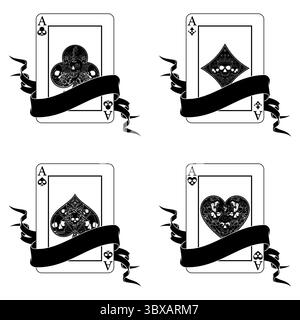 Pokerkarte umgeben von einem Band, Pokersymbole mit Herz, Diamant, Schläger und Ass mit verschiedenen Schädeldesigns Stock Vektor