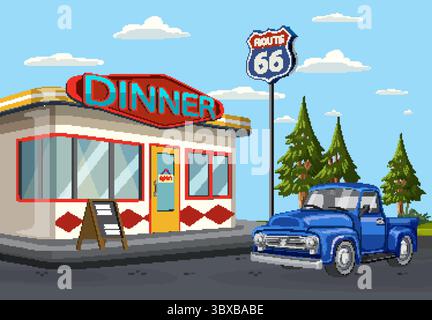 Vektor-Illustration eines Vintage-Restaurants und eines klassischen Trucks auf der Route 66. Leuchtende Farben und nostalgischer Stil erinnern an die amerikanische Mitte des Jahrhunderts Stock Vektor