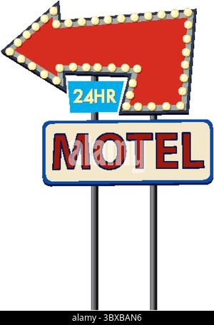 Vektor-Illustration eines Vintage Motelschildes mit hellen Lichtern und kräftigen Farben, mit einem großen roten Pfeil Stock Vektor