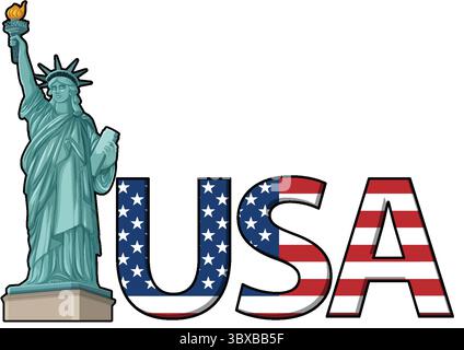 Vektor-Illustration der Freiheitsstatue neben USA Buchstaben mit Flaggendesign. Auffällige Farben und patriotisches Design Stock Vektor