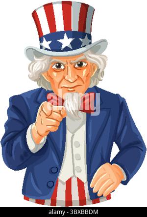 Der kultige Onkel Sam zeigt nach vorne und trägt einen sternenbesetzten Hut und Anzug. Auffällige Farben und klare Linien unterstreichen das patriotische Thema Stock Vektor