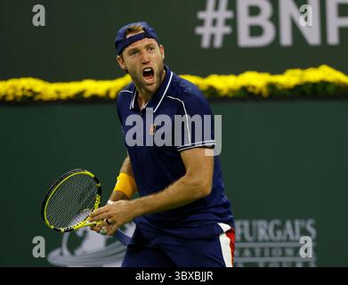 Am 8. Oktober 2021 gewann Jack Sock bei den BNP Paribas Open 2021 im Indian Wells Tennis Garden in Indian Wells, Kalifornien einen Punkt gegen John Millman aus Australien. Obligatorischer Fotoausweis : Charles Baus/CSM(Kreditausweis: &Copy; Charles Baus/CSM via ZUMA Wire) Stockfoto