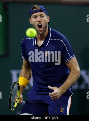 Am 8. Oktober 2021 gewann Jack Sock bei den BNP Paribas Open 2021 im Indian Wells Tennis Garden in Indian Wells, Kalifornien einen Punkt gegen John Millman aus Australien. Obligatorischer Fotoausweis : Charles Baus/CSM(Kreditausweis: &Copy; Charles Baus/CSM via ZUMA Wire) Stockfoto
