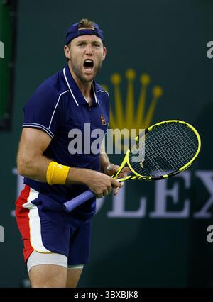 Am 8. Oktober 2021 gewann Jack Sock bei den BNP Paribas Open 2021 im Indian Wells Tennis Garden in Indian Wells, Kalifornien einen Punkt gegen John Millman aus Australien. Obligatorischer Fotoausweis : Charles Baus/CSM(Kreditausweis: &Copy; Charles Baus/CSM via ZUMA Wire) Stockfoto