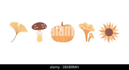 Handgezeichnetes Herbsternteset Kürbis, Pilz, Sonnenblume, Ginkgo Blatt und Chanterelle Illustration Stock Vektor
