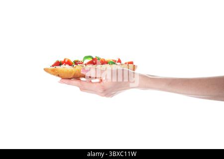 Sandwich mit gebratenem Toast, Frischkäse und Tomaten isoliert auf weißem Hintergrund. Italienische Bruschetta. Stockfoto