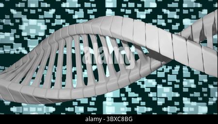 Anzeige eines grauen 3D-DNA-Doppelhelixmodells, das sich über den dunklen blaugrünen Cyberraum verdreht, mit Pixelblöcken Stockfoto