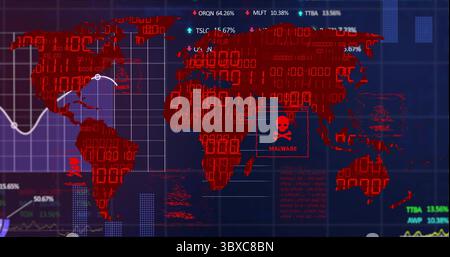 Anzeigen des Dashboards mit roter binärer Weltkarte mit Prozentbeschriftungen auf dem Bildschirm und Malware-Symbol Stockfoto