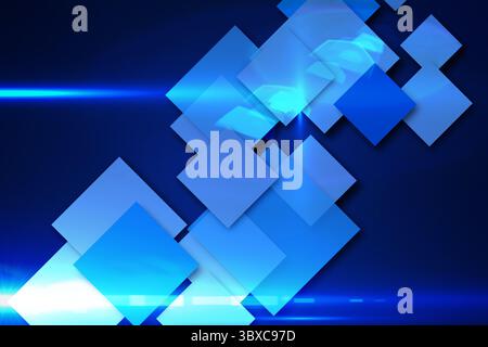 Das abstrakte digitale Design zeigt durchscheinende blaue Quadrate diagonal mit leuchtenden zyanblauen Strahlen Stockfoto