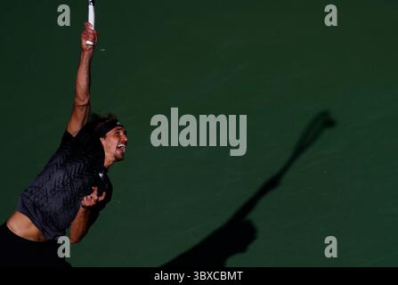 Am 12. Oktober 2021 spielt Alexander Zverev (Deutschland) gegen Andy Murray (Großbritannien) bei den BNP Paribas Open 2021 im Indian Wells Tennis Garden in Indian Wells, Kalifornien. Obligatorischer Fotoausweis : Charles Baus/CSM(Kreditausweis: &Copy; Charles Baus/CSM via ZUMA Wire) Stockfoto
