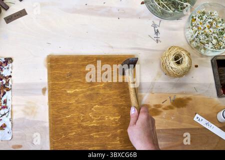 Nahaufnahme einer Frau, die Nägel in ein gebeiztes Holzbrett hämmert, für handgefertigte Dekorationen. Teil eines umweltfreundlichen DIY-Wandpaneelprojekts mit Naturpapier und Ma Stockfoto