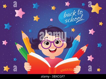 Back to School Banner mit niedlichem Mädchen und bunten Bleistiften Vektor Illustration. Stock Vektor