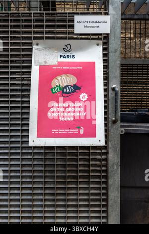 Das Schild "Stop aux Rats", das Müll auf dem Boden lässt, ist finanziell nicht tragfähig. Bitte werfen Sie Ihren Müll in den nächsten Mülleimer. Strafe für Müll 68€ Stockfoto
