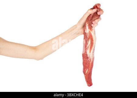 Schweinefilet, rohes Fleisch, isoliert auf weißem Hintergrund. Fleisch in den Händen. Stockfoto