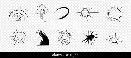 Explosionseffekt-Comic-Manga-Linienskizze. Bewegungsanime explodiert, radiale Action-Explosion. Runde Explosionswolke Silhouette auf transparentem Hintergrund. Vektorabbildung Stock Vektor
