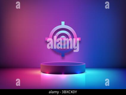 Leuchtend lila blaues Zielsymbol schwingt über einem Podium in einer Neonverlaufseinstellung. Präsentation von technischen Zielen, Geschäftsstrategien oder futuristischen digitalen PR Stock Vektor