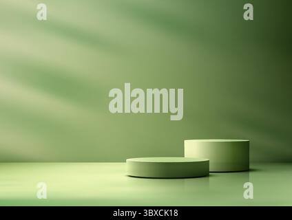 Grüne, zylindrische 3D-Podeste, die auf einer glänzenden Oberfläche unter diagonalen Lichtstrahlen in einem modernen, grünen Raum platziert werden Stock Vektor