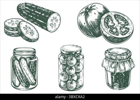 Handgezeichnetes Set mit eingelegtem Gemüse und Glasgläsern im Vintage-Gravurstil Stock Vektor