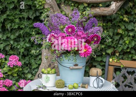 Arrangement mit Strauß von rosa Dahlien, Hortentenblüten und Schmetterlingsstrauchblüten in einem alten Emaileimer und mit Äpfeln Stockfoto