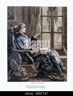 Vintage-Illustration einer jungen Frau, die ein Buch am Fenster liest, viktorianische 1870er Jahre, 19. Jahrhundert Stockfoto