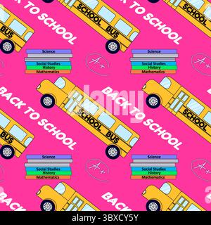 Nahtloses Muster mit gelben Schulbussen, gestapelten Lehrbüchern und Kreide A Plus auf rosa Hintergrund. Für Back-to-School-Themen, Schul- oder Bürobedarf, Stock Vektor
