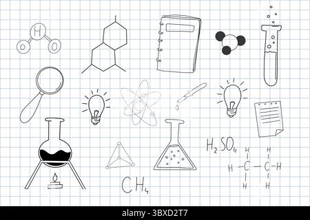 Chemieforschung Hand gezeichnete Sketch-Kritzellinien-Symbole. Flaschen und Röhrchen zurück zu den Schulelementen. Bildungs- und Wissenschaftslaborzeichnung. Vektorabbildung Stock Vektor