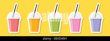Smoothie Sticker Icon Set Kollektion im flachen Stil. Frisches Obst-Milchshake-Vektor-Illustration auf isoliertem Hintergrund. Obst Cocktail Schild Business c Stock Vektor