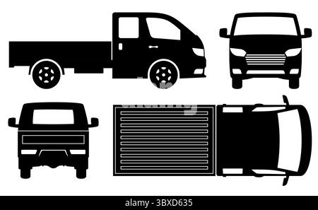 Eine kleine Truck-Silhouette auf weißem Hintergrund. Die Fahrzeugsymbole bestimmen die Ansicht von der Seite, von vorn, hinten und von oben Stock Vektor