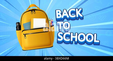 Schultext mit gelber Rucksacktasche. Back-to-School-Design für Lernbotschaften im Bildungsbereich. Vektorabbildung Stock Vektor