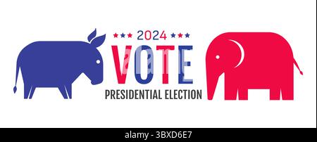Vektor-Banner für die Präsidentschaftswahlen 2024 in den USA. Vektorplakat mit Typografie zur Wahl des Präsidenten. Abstimmung 2024. Stock Vektor