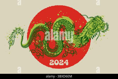 Vektor-Illustration eines grünen chinesischen Drachen. Tattoo von grünem Drachen im asiatischen Stil. Chinesisches Neujahr 2024. Stock Vektor