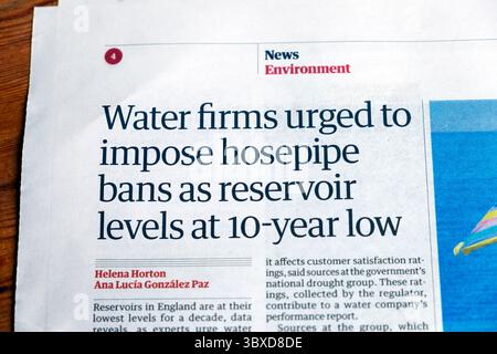 "Wasserunternehmen drängten, Schlauchschlauchverbote als Reservoir-Niveaus auf einem 10-Jahres-Tiefstand zu verhängen", titelt die Zeitung Guardian Dürre artikel 12 Juli 2025 England Vereinigtes Königreich Stockfoto