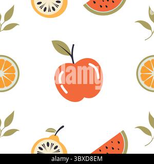 Frisches nahtloses Fruchtmuster mit Apfel, Zitrusfrüchten und Wassermelone auf weißem Hintergrund, perfekt zum Drucken. Stock Vektor