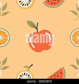 Nahtloses Fruchtmuster mit Apfel, Orange und Wassermelone auf orangem Hintergrund für Dekoration und Design. Stock Vektor