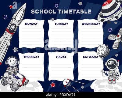 Schulplanvorlage mit Astronauten. Rakete, Planet, Satellit, Sterne, Raummann mit Mond und auf dem Auto sitzend. Handgezeichnete Vektorgrafik Stock Vektor