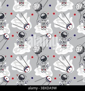 Astronauten, Mond, Satellit, Sternenmuster. Handgezeichnete Vektorgrafik. Für den Cosmonautics Day, Banner, Umschläge, Geschenkpapier, Tapeten Stock Vektor
