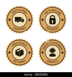 Set mit goldenen E-Commerce-Emblemen für schnellen Versand, sichere Bezahlung, einfache Rückgabe und erstklassigen Kundenservice – perfekt für Vergünstigungen und Garantien im Geschäft. Stock Vektor